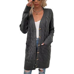 🆕Disi Womens grey Cardigan Long Sleeves Cable Knit Open Front Loose Sweaters